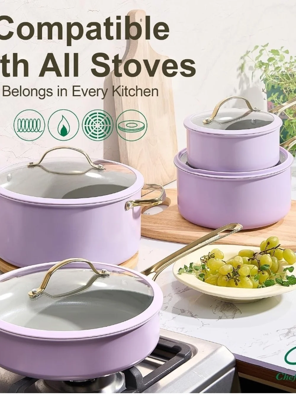 Chef Power 15pc Ceramic Nonstick Cookware Set Purple Induction Oven Safe